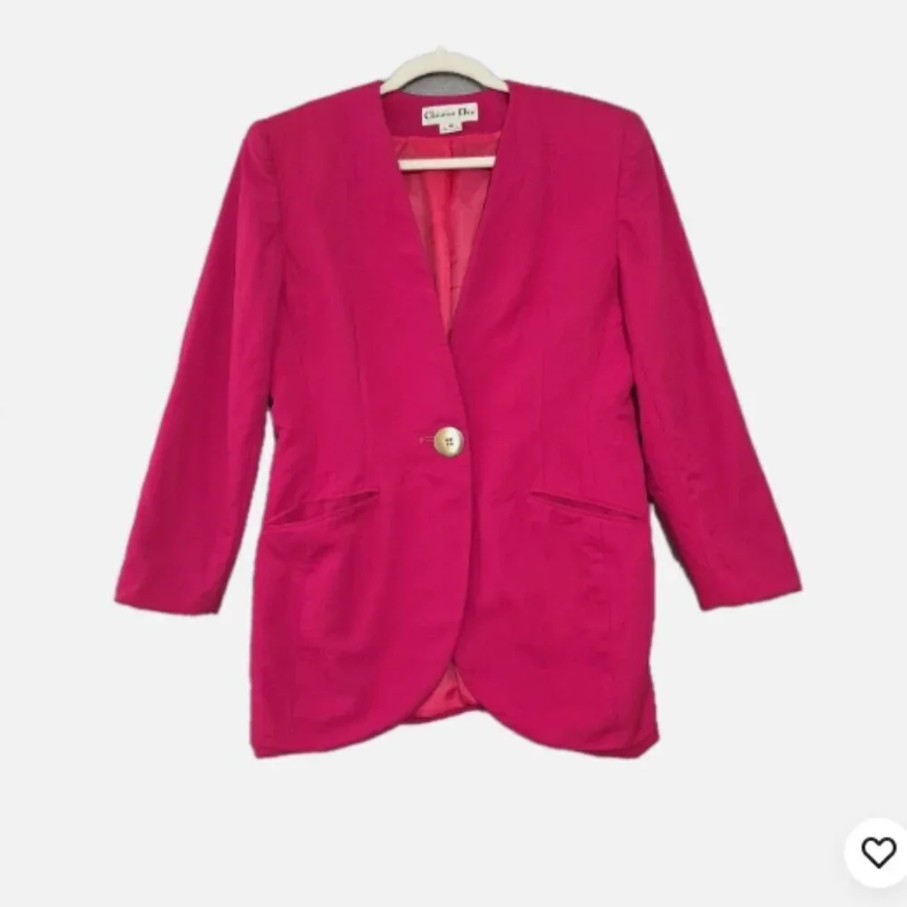 VTG Christian Dior Pink Skirt Suit Blazer Power Suit Gold Button 10 Made In USA